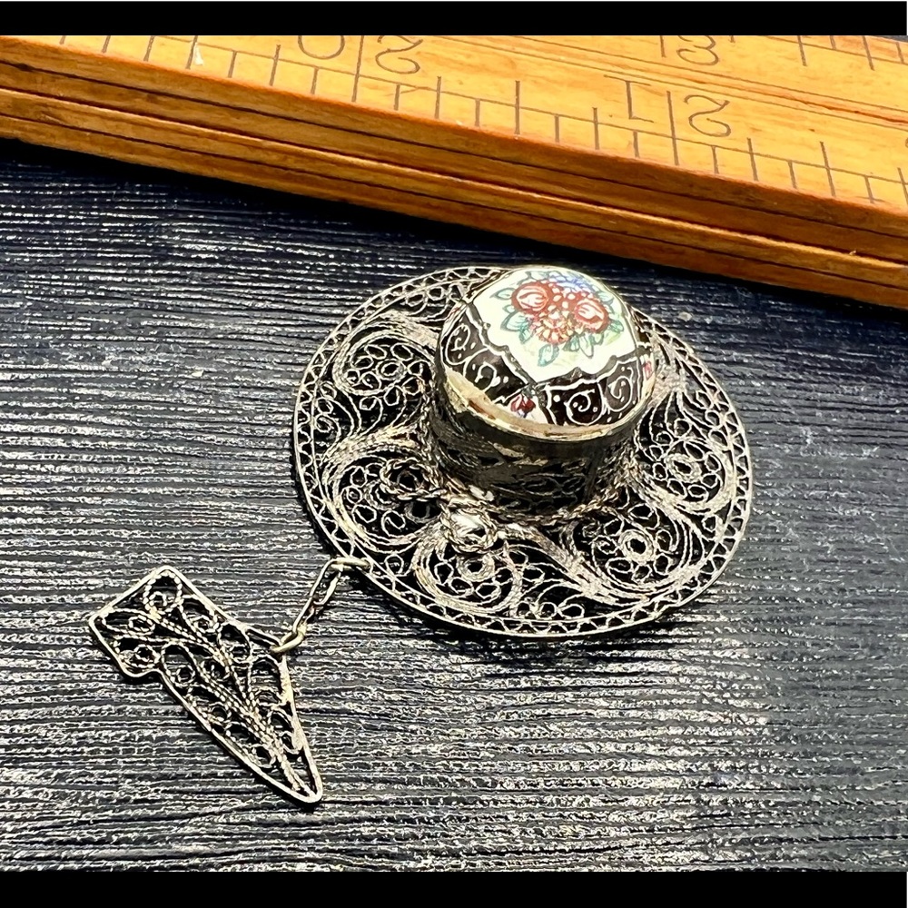 Vintage silver filigree brooch pin hat shoe dangle hand painted mid century